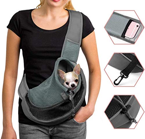 Tragetasche Haustier Schultertasche Single Schulter Sling Bag Tragetuch Hund Tragbar Katzen Umhängetasche Verstellbare Schultergurt Welpen Reise Träger Atmungsaktiv Netz Fronttasche Hundetragebeutel von Qchomee