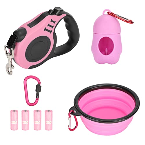 Qcwwy Leichte, Ausziehbare 5 M Lange Hundeleine, Hundeleine Zum Spazierengehen mit Faltbarem Napfspender, Mülltüten-Schnalle und Rutschfestem Griff für Kleine, Mittelgroße Hunde (PINK) von Qcwwy