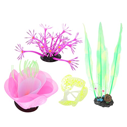 Qcwwy Leuchtende Aquarium-Dekorationen, 4er-Pack Künstliche Silikonpflanze, Leuchtende Aquarium-Dekoration, Anemonenkoralle für Aquariendekoration von Qcwwy