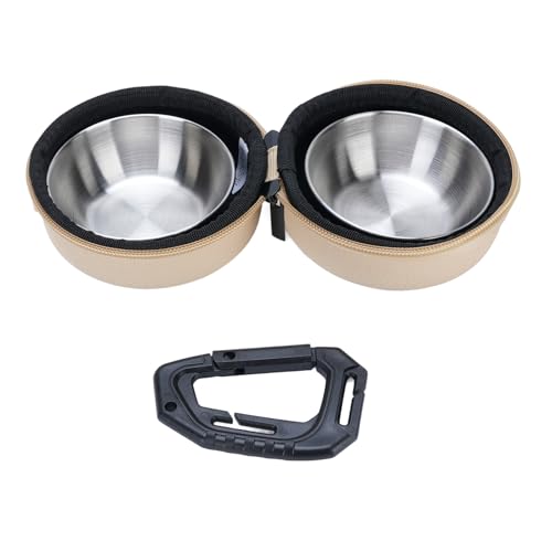 Travel Pet Feeder Bowl, Dual Bowl Pet Feeder Portable Dog Feeding Bowl Foldable Cat Food Water Bowl Feeding Bowl Stainless Steel Puppy Feeding Bowl for Outdoor Camping (Khaki) von Qcwwy