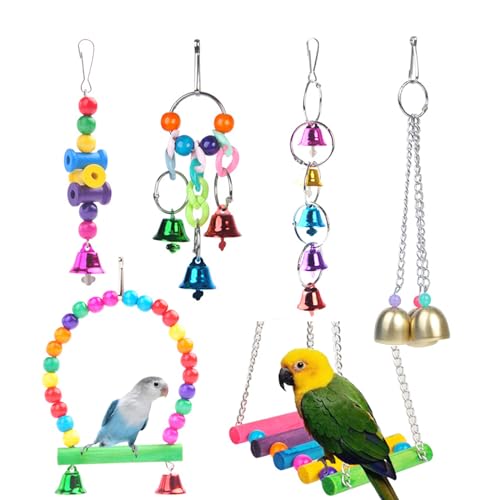 QeeHeng 6 Stück Papageien-Spielzeug aus Holz, Brücke, Ständer, Hängende Glocke, Wellensittiche, Spielzeug und Zubehör für Papageien, kleine Sittiche, Nymphensittiche, Aras, Papageien, Liebesvögel QeeHeng 6 Stück Papageien-Spielzeug aus Holz, Brücke, Ständer, Hängende Glocke, Wellensittiche, Spielzeug und Zubehör für Papageien, kleine Sittiche, Nymphensittiche, Aras, Papageien, Liebesvögel von QeeHeng