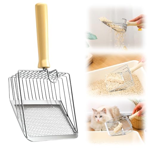 Qetroi Katzenstreu Schaufel,Metall Katzenstreu Schaufel mit Holz Halter, katzenschaufel für katzenklo, Geeignet für Klumpende Katzenstreu, Kaninchen, Hamster, Hundemist (Gitter) von Qetroi