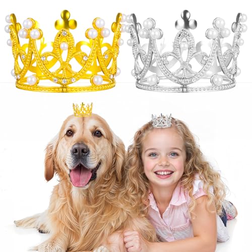 2 x Haustier-Kronen-Stirnband für kleine Hunde und Katzen, Gold/Silber, Strass, Kunstperlen, Krone, Tiara mit verstellbarem Riemen, Hut für Geburtstagsparty, Welpen, Foto-Requisite, Kostüm 2 x Haustier-Kronen-Stirnband für kleine Hunde und Katzen, Gold/Silber, Strass, Kunstperlen, Krone, Tiara mit verstellbarem Riemen, Hut für Geburtstagsparty, Welpen, Foto-Requisite, Kostüm von QfwdfcTrenz