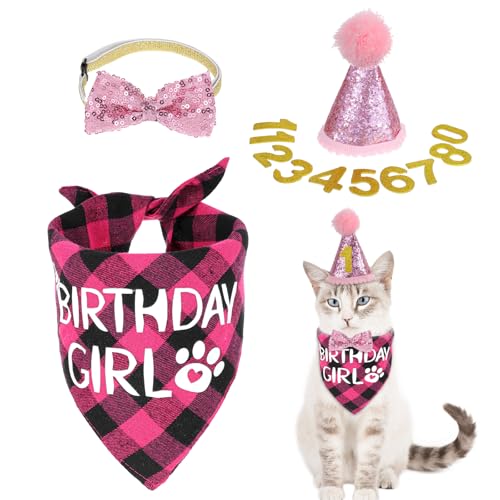 Katzen-Geburtstagsparty-Zubehör, Bandana, Schleife, Halsband-Set, Krawatte, Katzenhut mit Zahl, Haustier-Geburtstagsdekorationen für Kätzchen-Outfits (Rosa) von QfwdfcTrenz