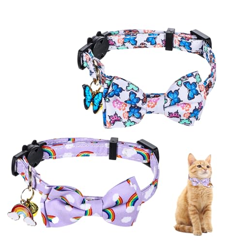 QfwdfcTrenz Katzenhalsband mit abnehmbarer Fliege und Glöckchen, weiches Kätzchenhalsband, verstellbar, Sicherheits-Halsbänder mit Regenbogen-Schmetterling-Muster, niedliche Fliege für männliche von QfwdfcTrenz