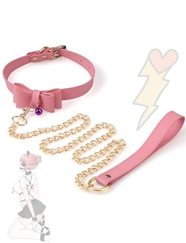 Rosa Pu Glatte Leder Schleife Halskette, Haustier Halsband, Edelstahl Kordelzug, Paar Geschenk K2 von QiKKago