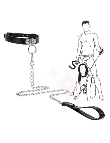 Schwarze Leder Eisen Halskette, Haustier Sport Kragen, Verbunden Durch Edelstahl Traktion Seil, Paar Geschenk FüR K18 von QiKKago