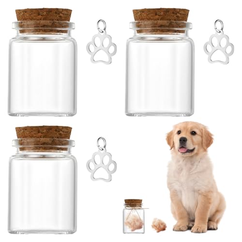 Qianeffort Gedenkflasche für Tierhaare, 3 x Tierhaar-Erinnerungsflasche und 3 x Hundepfoten-Dekoration, Hunde-Gedenkstätte, Gedenkstätte für wertvolle Erinnerungen, Haustierhaare, Andenkenflasche (3,7 von Qianeffort