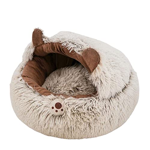 Qianly Katzenbett, rundes, Plüsch-Katzenbett mit Kapuze für kleine Hunde oder Katzen, maschinenwaschbare, rutschfeste Unterseite, Brown, 40CM von Qianly