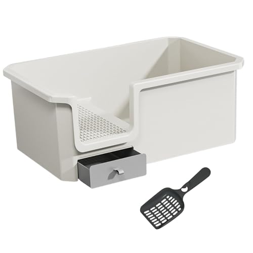 Qianly Katzenstreuwanne Extra Große Katzenstreupan mit Hochwand Seiten Geschlossene Streukiste Niedriger Einstieg Anti Spritzenschutz mit Schaufel Pp, Beigeweiß von Qianly