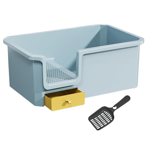 Qianly Katzenstreuwanne Extra Große Katzenstreupan mit Hochwand Seiten Geschlossene Streukiste Niedriger Einstieg Anti Spritzenschutz mit Schaufel Pp, Blau von Qianly