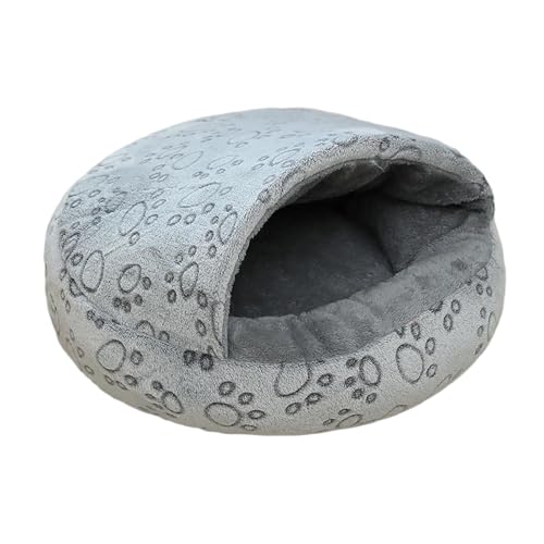 Qianly Plüsch-Katzenbett mit Kapuze für Kätzchen, Unterschlupf für Haustiere, warmes Höhlennest für Katzen, graue Fußabdrücke von Qianly
