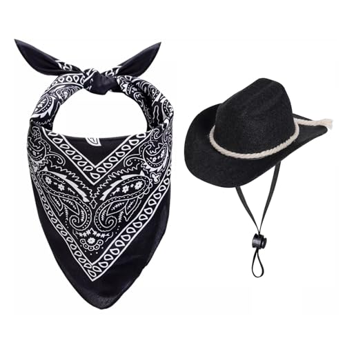 Qiansail Cowboyhut für Hunde, Halloween, Cowboy-Kostüm mit klassischem Bandana, Schal, Haustierzubehör für Cosplay, Party, Weihnachten, 2 Stück (schwarz) von Qiansail
