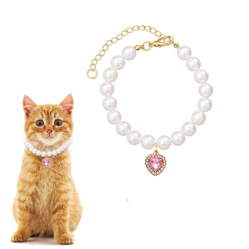 Qiansail Katzen-Perlenketten, Hund, Strass, Herzform, Halsband, verstellbar, niedlich, Haustierbedarf für Welpen, Kätzchen (Rosa, S) von Qiansail