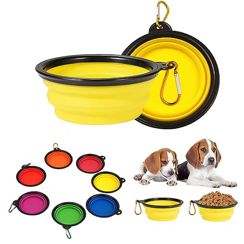 Qiaogle Hundenapf und Haustiernapf, 2 Stück zusammenklappbare Futternäpfe und Wassernäpfe für Katzen Hunde, tragbarer Futternapf für Haustiere, Camping/Wandern/Spazierengehen (L, Gelb) von Qiaogle