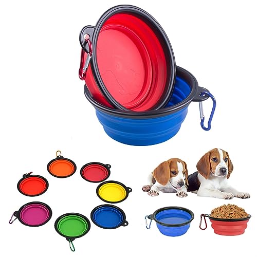 Qiaogle Hundenapf und Haustiernapf, 2 Stück zusammenklappbare Futternäpfe und Wassernäpfe für Katzen Hunde, tragbarer Futternapf für Haustiere, Camping/Wandern/Spazierengehen (L, Rot + Blau) von Qiaogle