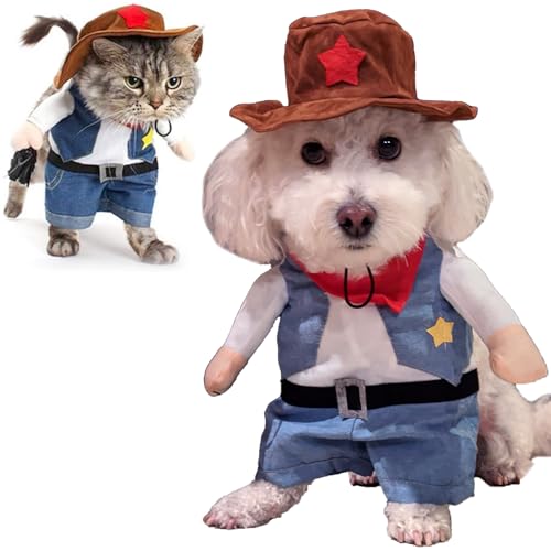 Cowboy Hund Kostüm, Lustige Haustier Katze Halloween Kostüme Coole West Cowboy Uniform mit Hut, Niedliche Hundekleidung für Kleine Hunde Katzen, Cosplay Welpen Kleidung Party Outfit Weihnachten von Qidelong