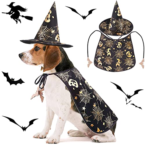 Qidelong 2 Pack Hund Halloween Kostüme, Haustier Vampir Umhang und Hexenhut Cool Outfit, Party Cosplay Lustige Bekleidung für mittelgroße große Hunde, Zauberer HutUmhang mit Kürbis und Spinnennetz von Qidelong