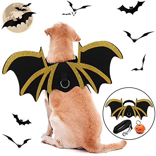 Qidelong Hunde-Halloween-Kostüm, groß, Fledermausflügel mit Leine und Kürbisglocken, Hundefledermaus-Kostüm mit gelbem Goldrand, Party, Cosplay für Hunde, lustige Kleidung, coole Bekleidung von Qidelong