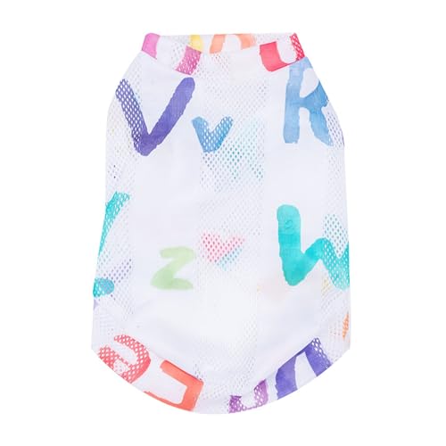 Qiebenav Atmungsaktive Sommerweste für Haustiere, Frühling, dünne Kleidung, zwei Beine, halbe Ärmel, ausgehöhlt, Buchstabendruck, elastisch, O-Ausschnitt, kleine Katze, Hund, Größe L von Qiebenav