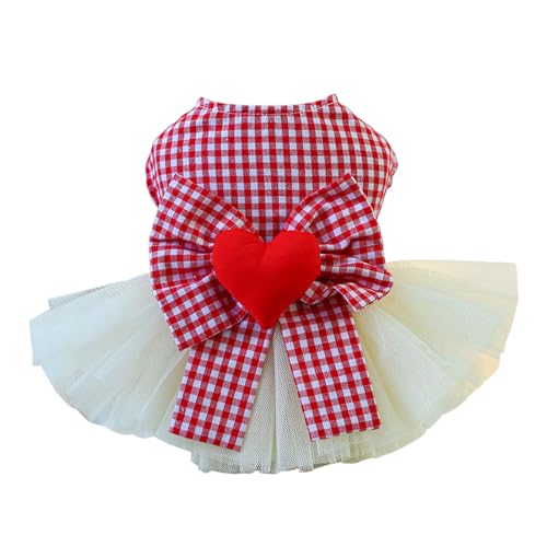 Qiebenav Charmantes Haustierkleid aus Stoff, Haustierkleid, bequemes Hundekleid mit Herzen, große Schleife, Karomuster, Katzenkleid, Gazekleid, Haustierbedarf, Größe XS von Qiebenav