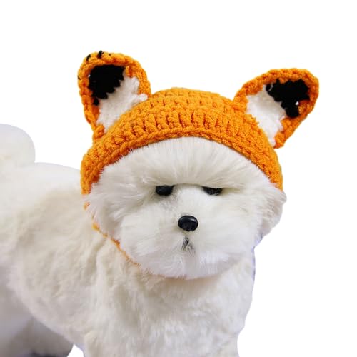Qiebenav Haustier-Kopfbedeckung, einfarbig, Haustiermütze, handgestrickt, niedliches 3D-Froschaugen-Dekor, Katzenhut, bequem, warm, Hunde-Kopfbedeckung für Herbst und Winter, Orange, Größe M von Qiebenav