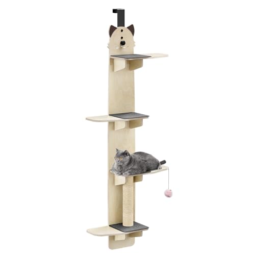 Qiebenav Katzenbaum zum Aufhängen, 4 Regale (Kratzstation, rutschfeste Pads, Spielball), platzsparend, für Katzen im Innenbereich, schnelle Montage an der Tür, Unterstützung für Sprünge / Schlaf von Qiebenav
