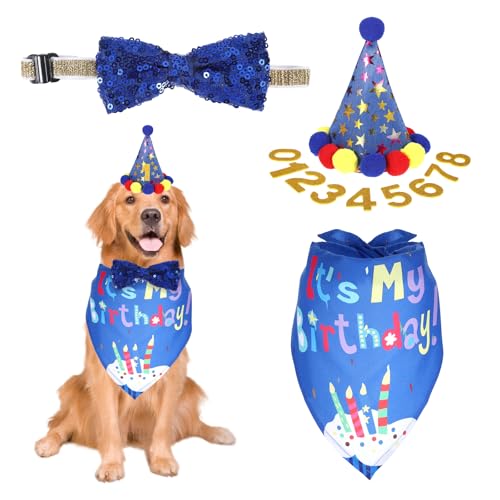 4 Stück Hund Geburtstag Bandana Set,Glitzerschleife, Dreiecks Halstuch Hund, Zahlenaufkleber 0-8 für Große Mittlere Kleine Hunde Hundegeburtstagsset (Blau) von Qiimenguer