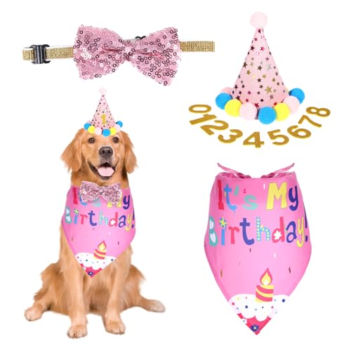 4 Stück Hund Geburtstag Bandana Set,Glitzerschleife, Dreiecks Halstuch Hund, Zahlenaufkleber 0-8 für Große Mittlere Kleine Hunde Hundegeburtstagsset (Rosa) von Qiimenguer