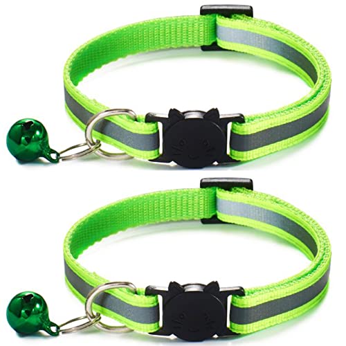 Qinao 2 x Katzenhalsbänder, Schnellverschluss, reflektierendes Kätzchenhalsband, mit Glöckchen und Sicherheitsverschluss (grün) von Qinao