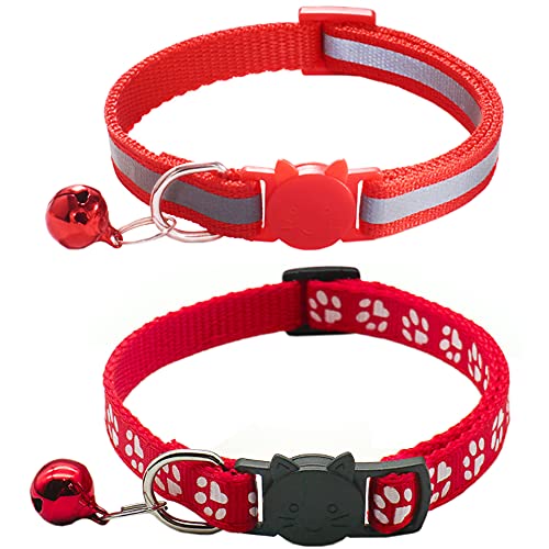 Qinao Katzenhalsband, reflektierend, Schnellverschluss, mit Glöckchen und Sicherheitsverschluss, Rot, 2 Stück von Qinao
