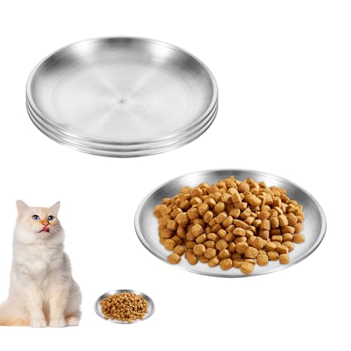 4 Stück Katzennapf Flach Edelstahl, Metall futternapf Katze für Katzen, Hunde, Trinken, Füttern, Anti-Knock-Katzennapf, Leicht zu reinigen (14cm) von Qiuruoo