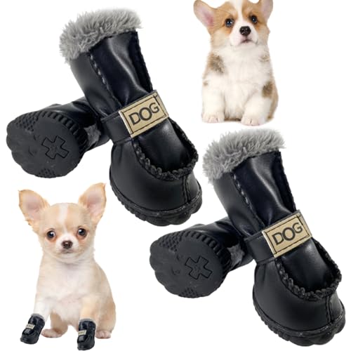 QmjdDymx Hundewinterstiefel 4Pcs/Set Thermoplüsch-gefütterte Synthetikleder Hundeschuhe Weiche rutschfeste Hundeschneestiefel für kleine und mittelgroße Hunde, Größe 1# von QmjdDymx