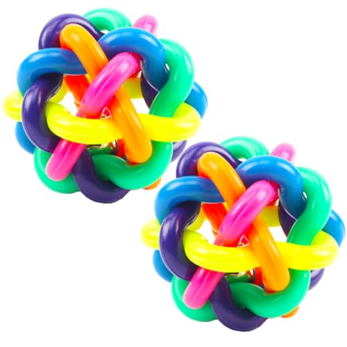QmjdDymx 2pcs Hunde Gummi -Kugel mit Bell Rainbow Bouncy Woven Toy Welpe Chew Ball für Aggressive Kauen -Zahnen -Reinigungstraining 8 cm, Haustierkauspielspielzeug Spielen von QmjdDymx