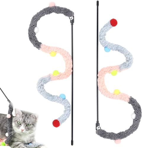 QmjdDymx Katzenspielzeug, 2 Stück, Plüschstreifen, PVC-Griff, Katzenstab, Spielzeug mit Glocke, niedlicher Katzenspielzeugstab, bunt, interaktives Katzenspielzeug, Grau von QmjdDymx