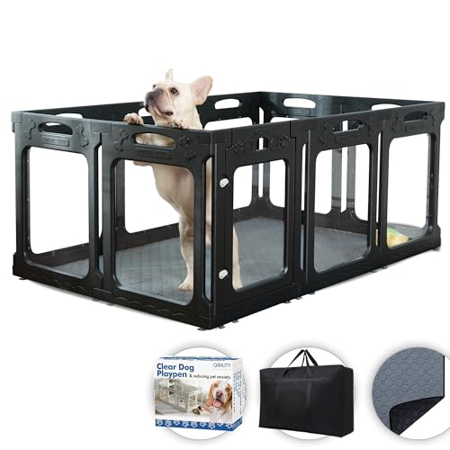 142,2 x 94 cm transparenter Laufstall für Hunde, lindert effektiv Angst im Innenbereich, geeignet für Hunde, Meerschweinchen, Häschen und Frettchen, Schwarz von Qoility