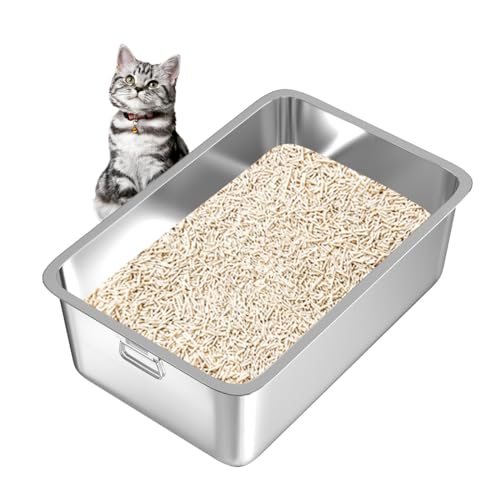 Edelstahl-Katzentoilette für Katzen und Kaninchen, Metall-Kätzchentoilette mit Griffen, Haustierreinigungswerkzeug, nimmt keine Gerüche auf, fleckenfrei, rostfrei, antihaftbeschichtete glatte von Qonimm