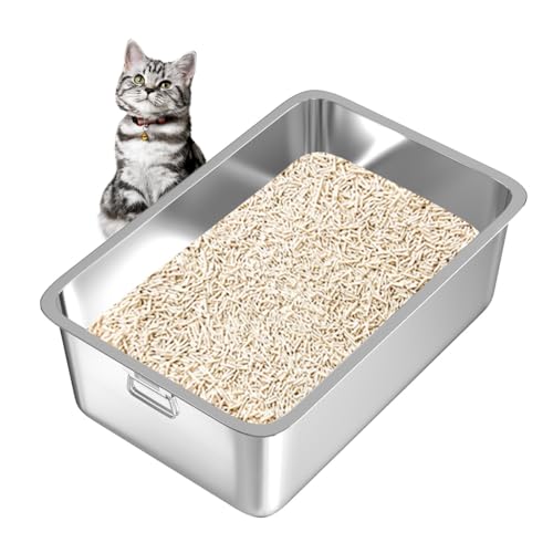 Edelstahl-Katzentoilette für Katzen und Kaninchen, Metall-Kätzchentoilette mit Griffen, Haustierreinigungswerkzeug, nimmt keine Gerüche auf, fleckenfrei, rostfrei, antihaftbeschichtete glatte von Qonimm