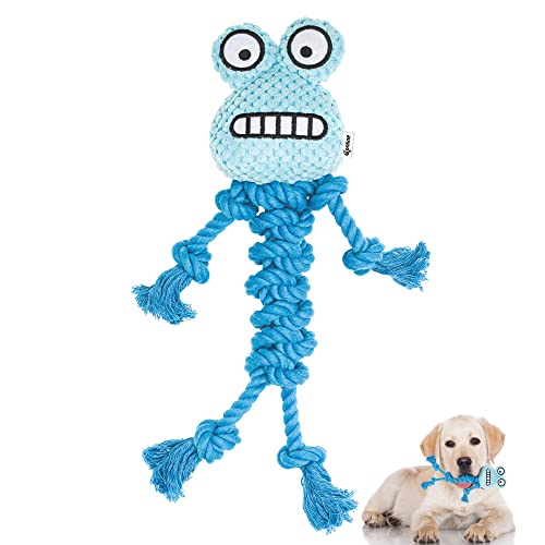 Qonline Blauer Frosch Hundespielzeug, gefülltes Hundespielzeug, niedlicher Plüschkopf, Quietschspielzeug, Seilspielzeug, Apportier- und Zerrspielzeug für kleine und mittelgroße Hunde von Qonline