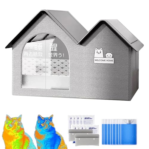 Cool & Cozy Kühlhaus, Kühlhaus Für Katzen, Faltbares Cat-Air-Conditioning-House, Ganzjahresnutzung, Wasserdicht, Klimatisiertes Katzenhaus Für Zuhause, Hunde, Kätzchen, Haustier (Grau-a,80*50*55cm) von Qosigote