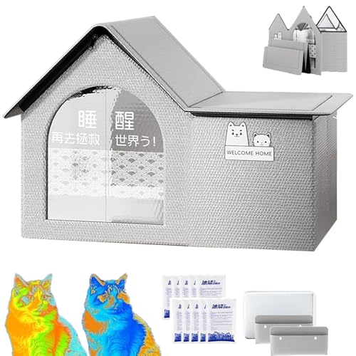 Cool & Cozy Kühlhaus, Kühlhaus Für Katzen, Faltbares Cat-Air-Conditioning-House, Ganzjahresnutzung, Wasserdicht, Klimatisiertes Katzenhaus Für Zuhause, Hunde, Kätzchen, Haustier (Grau-b,70*50*45cm) von Qosigote