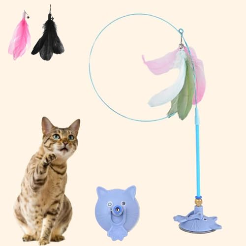 Qosigote Meowmastery Toy, Interaktives Katzenspielzeug, Meow Mastery Teaser Wand Mit 3stk Federn, Intelligenz Katzen Spielzeug, Interaktives Katzenspielzeug Feder (Blau) von Qosigote