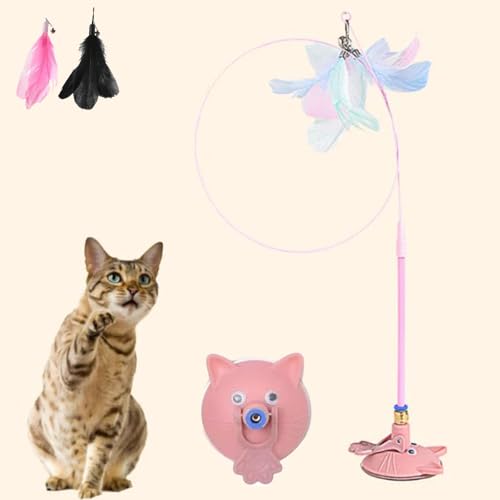 Qosigote Meowmastery Toy, Interaktives Katzenspielzeug, Meow Mastery Teaser Wand Mit 3stk Federn, Intelligenz Katzen Spielzeug, Interaktives Katzenspielzeug Feder (Rosa) von Qosigote