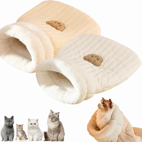 Katzen Schlafsack,Schlafsack Katze,Katzenschlafsack,Cat Sleeping Bag,Katzenbett Höhlenschlafsack,Gemütliche Katzenbetten,Selbstwärmendes Gemütliches Katzenbett Für Katzen Und Hunde (Hellbraun+Weiß, M) von Qosneoun