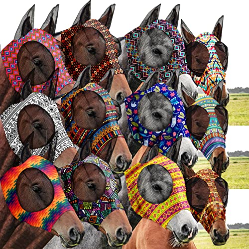 Qualirey 12 Stück Pferd Fliegenmaske Bulk Bequeme Elastizität Maske für Pferde mit Ohren Netz UV Schutz Atmungsaktive Pferdebedarf Gesichtsbedeckung für Pferd Pony und Fohlen (Geometrische Muster, Large) von Qualirey