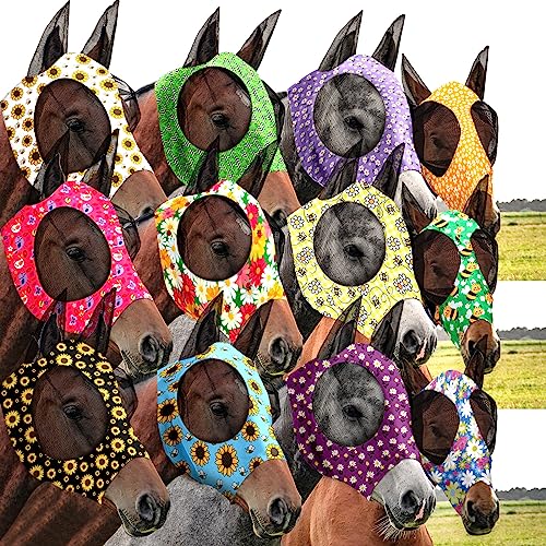 Qualirey 12 Stücke Pferd Fliegenmaske Bulk Bequeme Elastizität Maske für Pferde mit Ohren Netz UV-Schutz Atmungsaktiv Pferdebedarf Gesichtsbedeckung für Pferd Pony und Fohlen (Blumenmuster, Groß) von Qualirey
