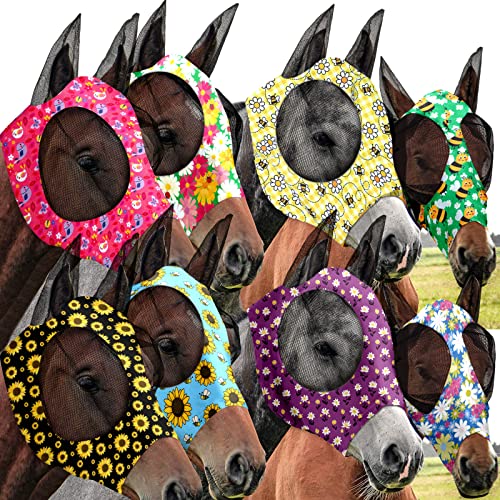 Qualirey 8 Stück Pferd Fliegenmaske mit Ohren UV-Schutz Fliegenmasken für Pferde Elastizität Pferd Gesichtsmaske Pferdemasken Abdeckung für Pferde Reitbedarf (Blume, groß) von Qualirey