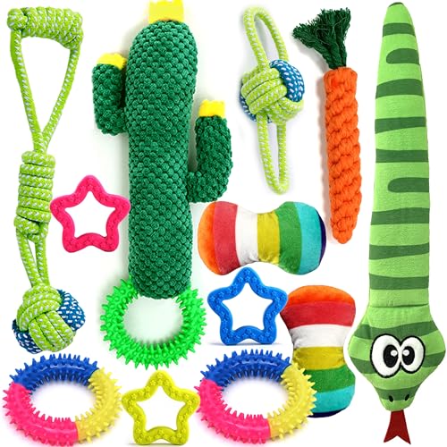 QuarenDen Kauspielzeug für Hunde, quietschendes Welpenspielzeug, Seilspielzeug, Plüsch-Hundespielzeug für Spaß und Zahnreinigung, 12 Stück von QuarenDen