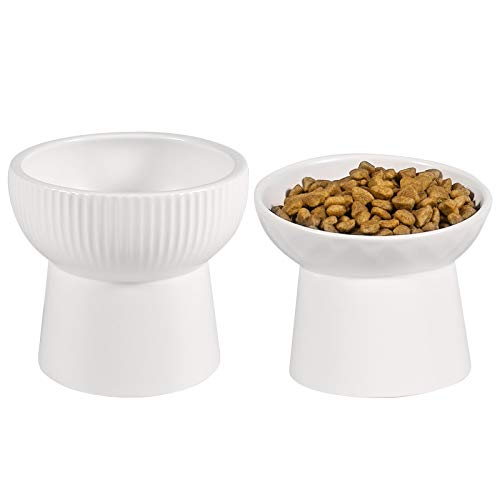 Qucey Keramik-Futter- und Wassernapf-Set, erhöhte geneigte Katzen-Futternapf mit Ständer, erhöhter Haustierfutternapf für Katzen und kleine Hunde, Anti-Erbrechen & Reduzieren Nackenbelastung von Qucey