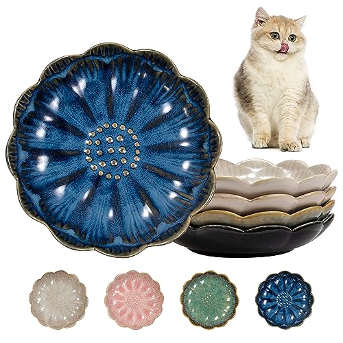 Qucey Keramik-Katzenfutterteller 4er-Set, 14 cm, flach, Katzenfutternapf, Schnurrhaar-freundlich, flache Katzennäpfe, Katzennäpfe für Nassfutter, mikrowellen- und spülmaschinenfest von Qucey